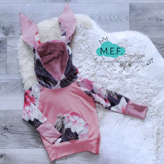 Hoodie lapin fleuris et vieux rose